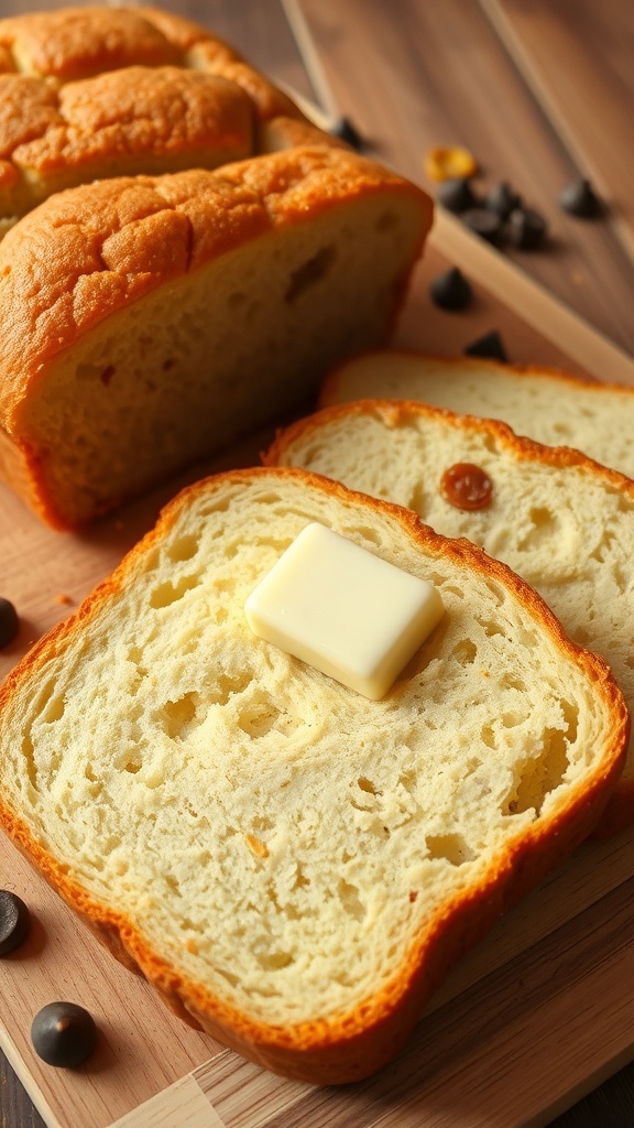 Delicious Bread Machine Sweet Bread Recipe A golden loaf of sweet bread sliced, with butter melting on top, surrounded by chocolate chips and dried fruits.